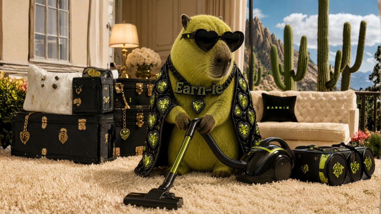 Earn-ie capybara mascot in a jeweled cape vacuuming a plush rug
