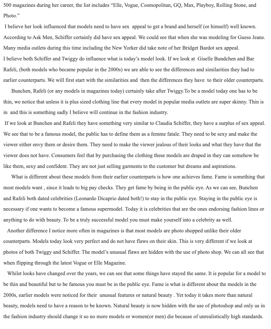 Fashion Models, Beauty and the Supermodel, page 2 of 2: the essay continues with Claudia Schiffer, the femme fatale image, 2000s models, celebrity culture and digital retouching, as a text screenshot