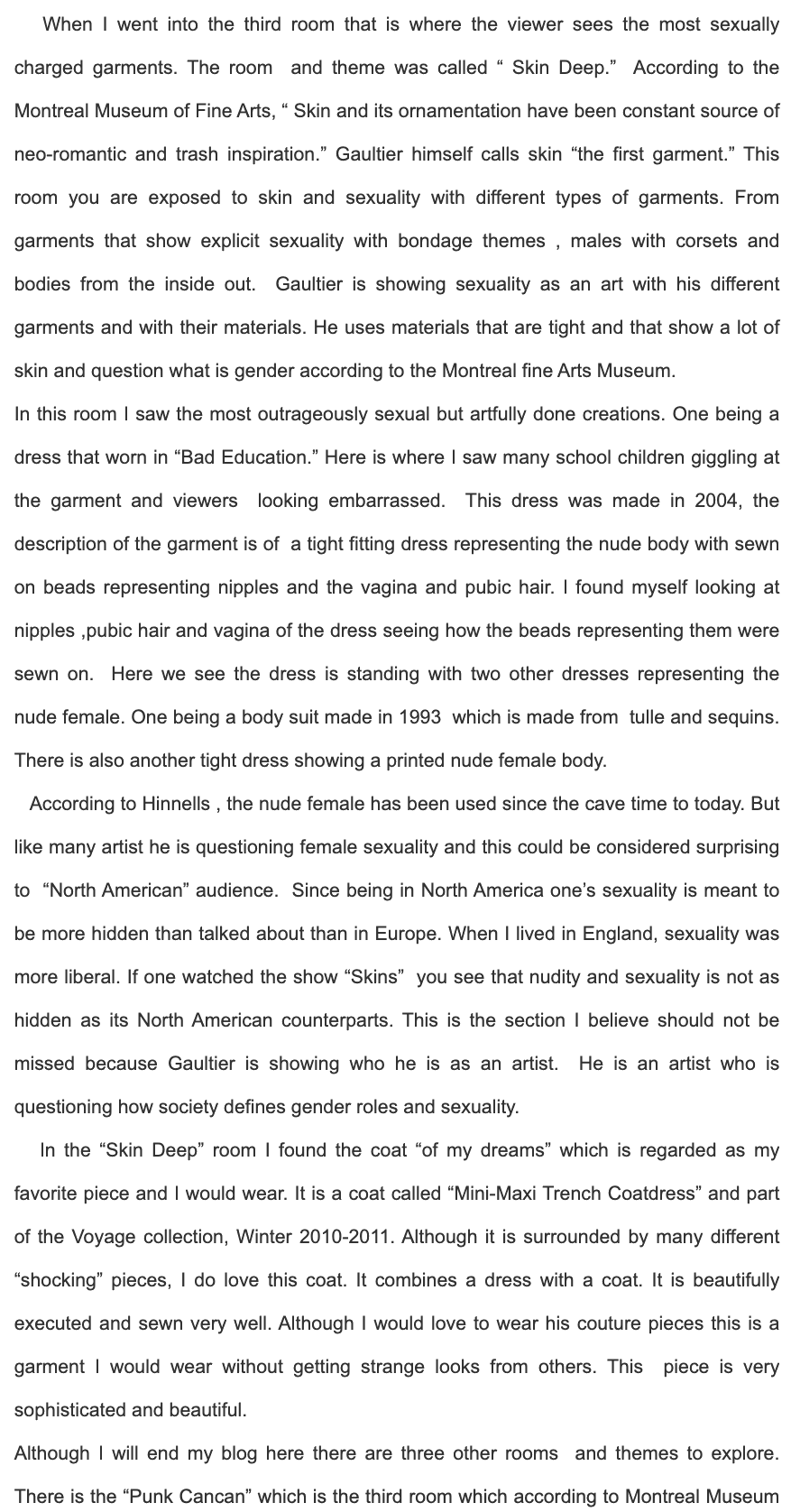 Jean Paul Gaultier: From Sidewalk to the Catwalk, page 3 of 4: the review continues through sexuality, gender and garments, as a text screenshot