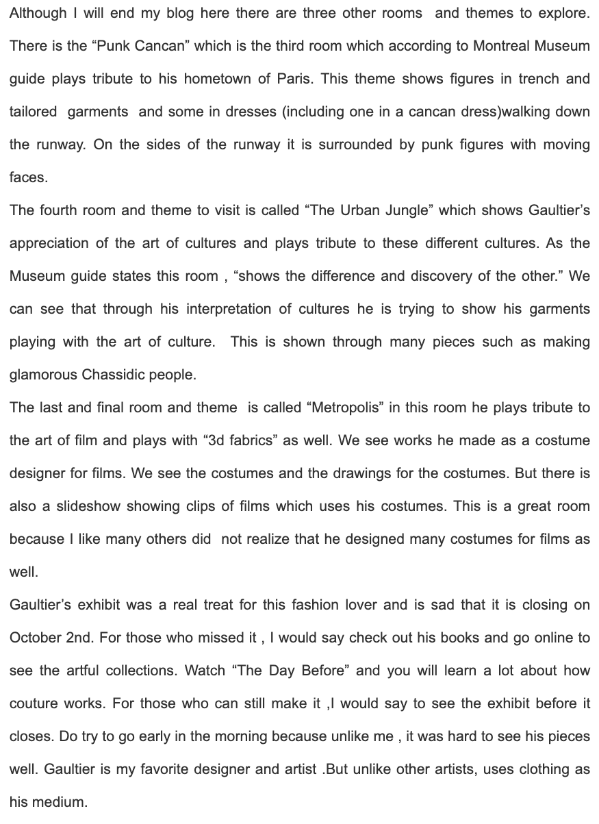 Jean Paul Gaultier: From Sidewalk to the Catwalk, page 4 of 4: the concluding page of the original exhibition review, as a text screenshot