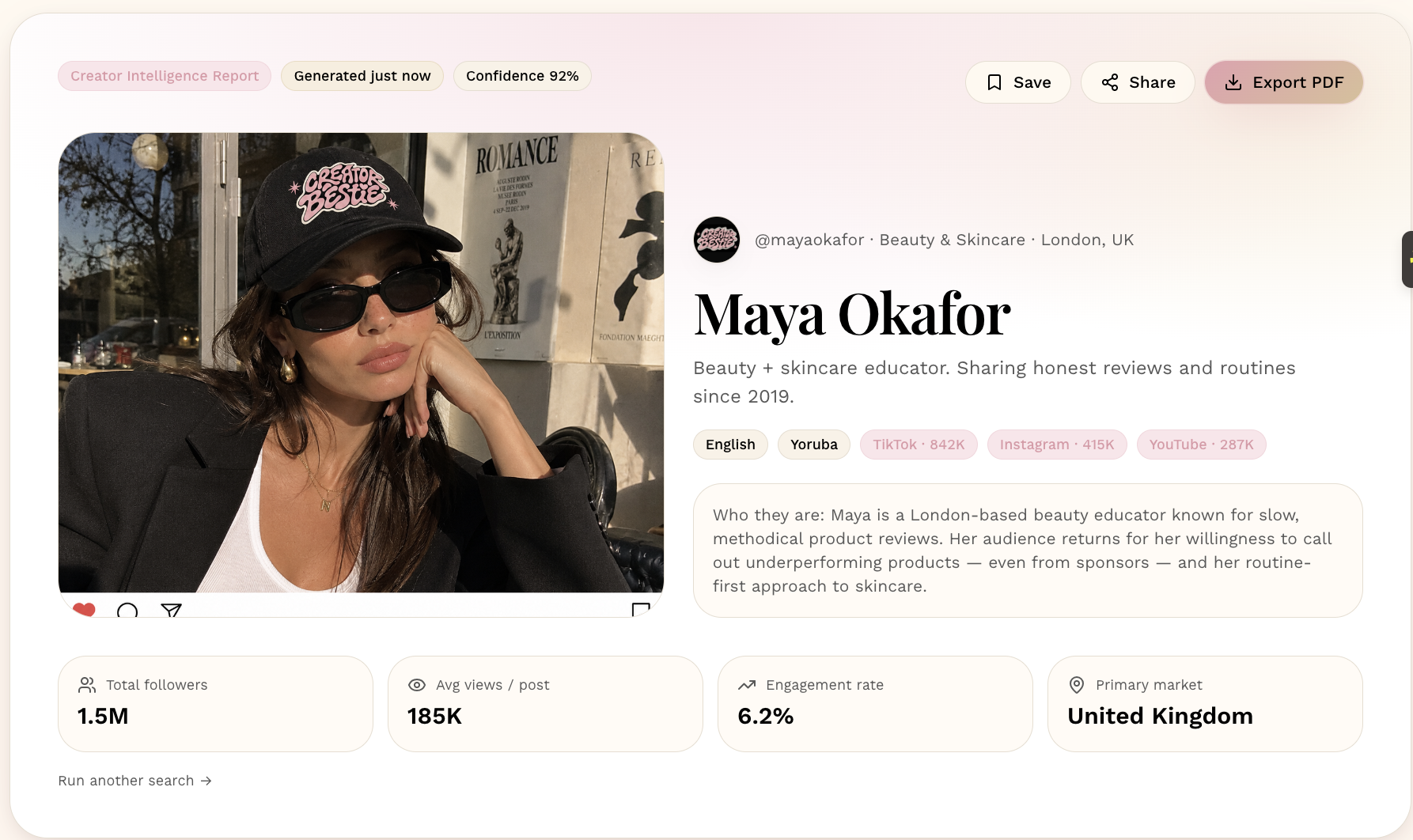 Maya Okafor creator intelligence report inside Creator Bestie