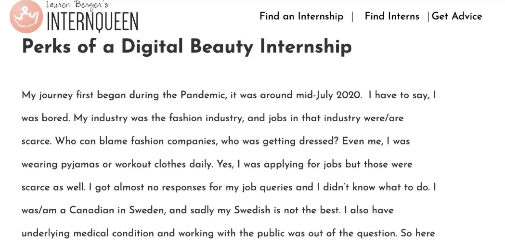 Perks of a Digital Beauty Internship, the surviving screenshot of the article opening as it was published on InternQueen
