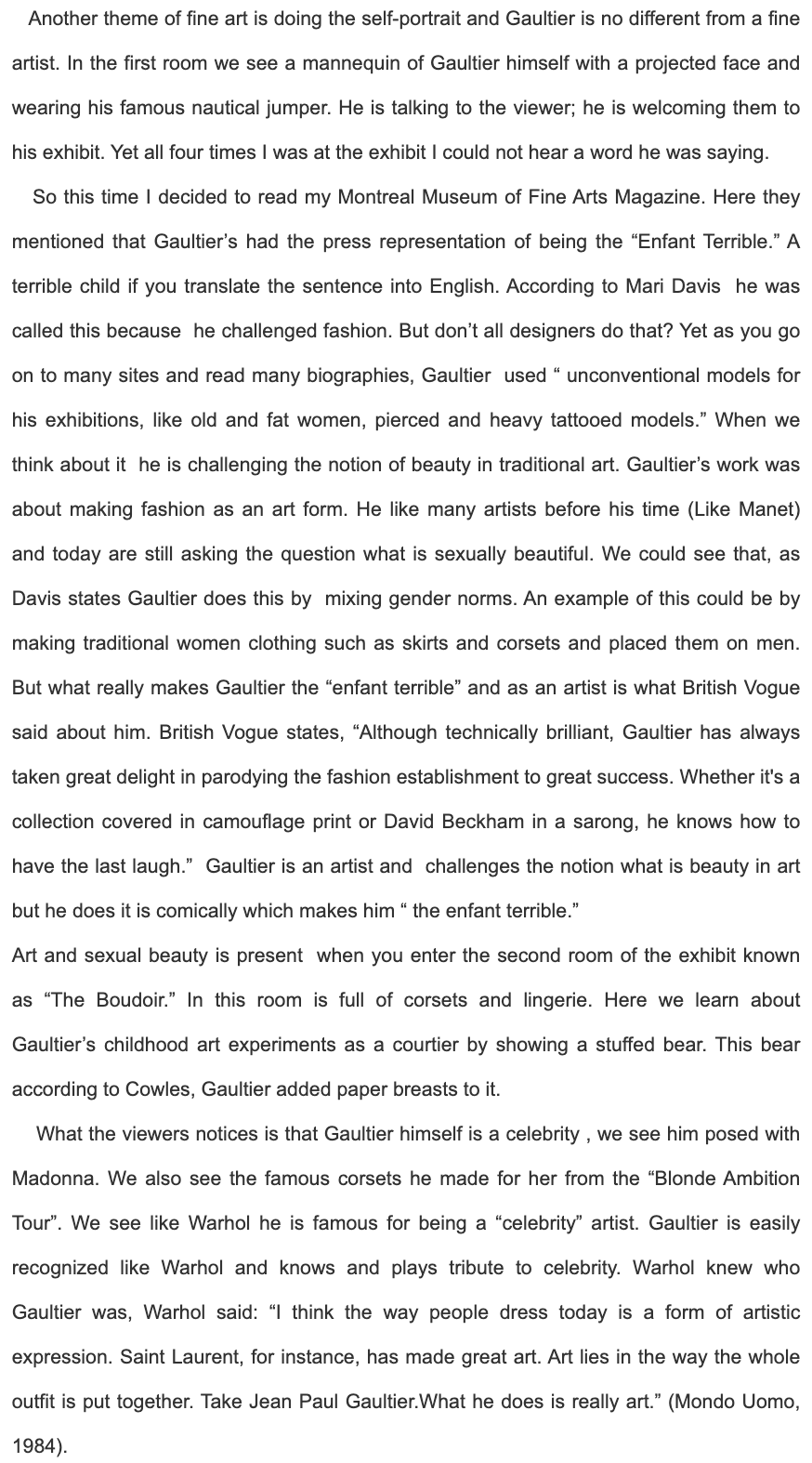 Jean Paul Gaultier: From Sidewalk to the Catwalk, page 2 of 4: the review turns to Gaultier's approach to beauty and gender norms, as a text screenshot
