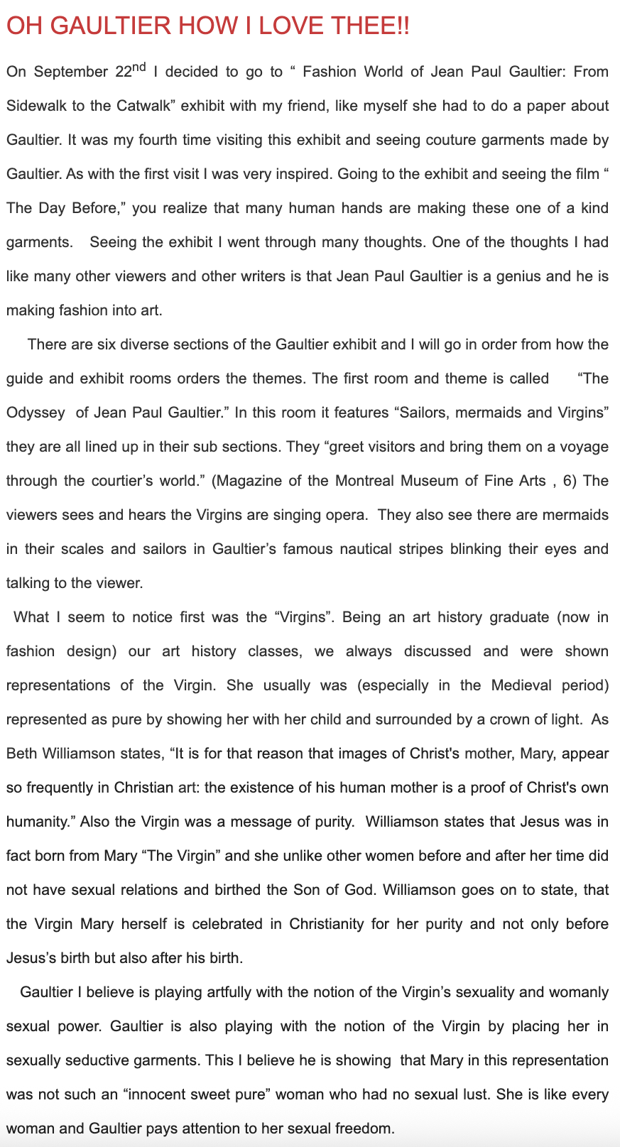 Jean Paul Gaultier: From Sidewalk to the Catwalk, page 1 of 4: the opening of the original exhibition review, as a text screenshot