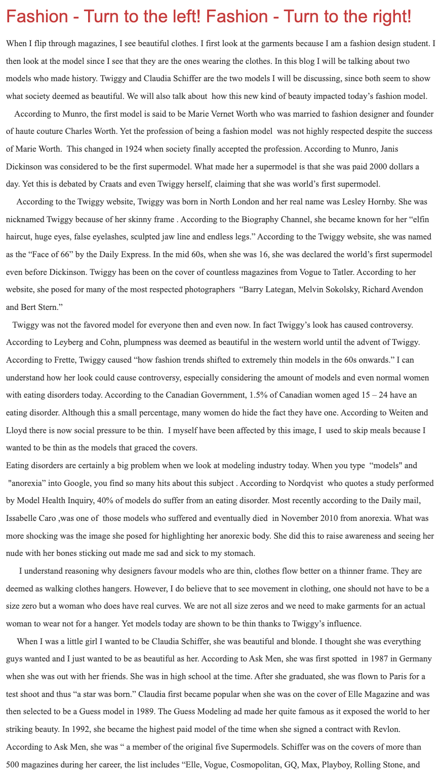 Fashion Models, Beauty and the Supermodel, page 1 of 2: the original blog post opens with the heading "Fashion - Turn to the left! Fashion - Turn to the right!" and covers early modeling history, Twiggy and the shift toward extreme thinness, as a text screenshot