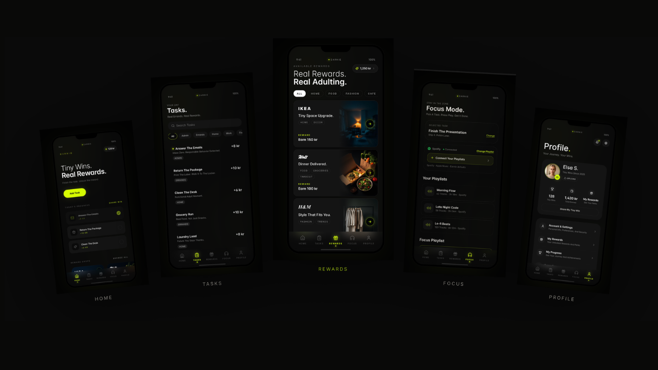 Earn-ie product experience across Home, Tasks, Rewards, Focus and Profile
