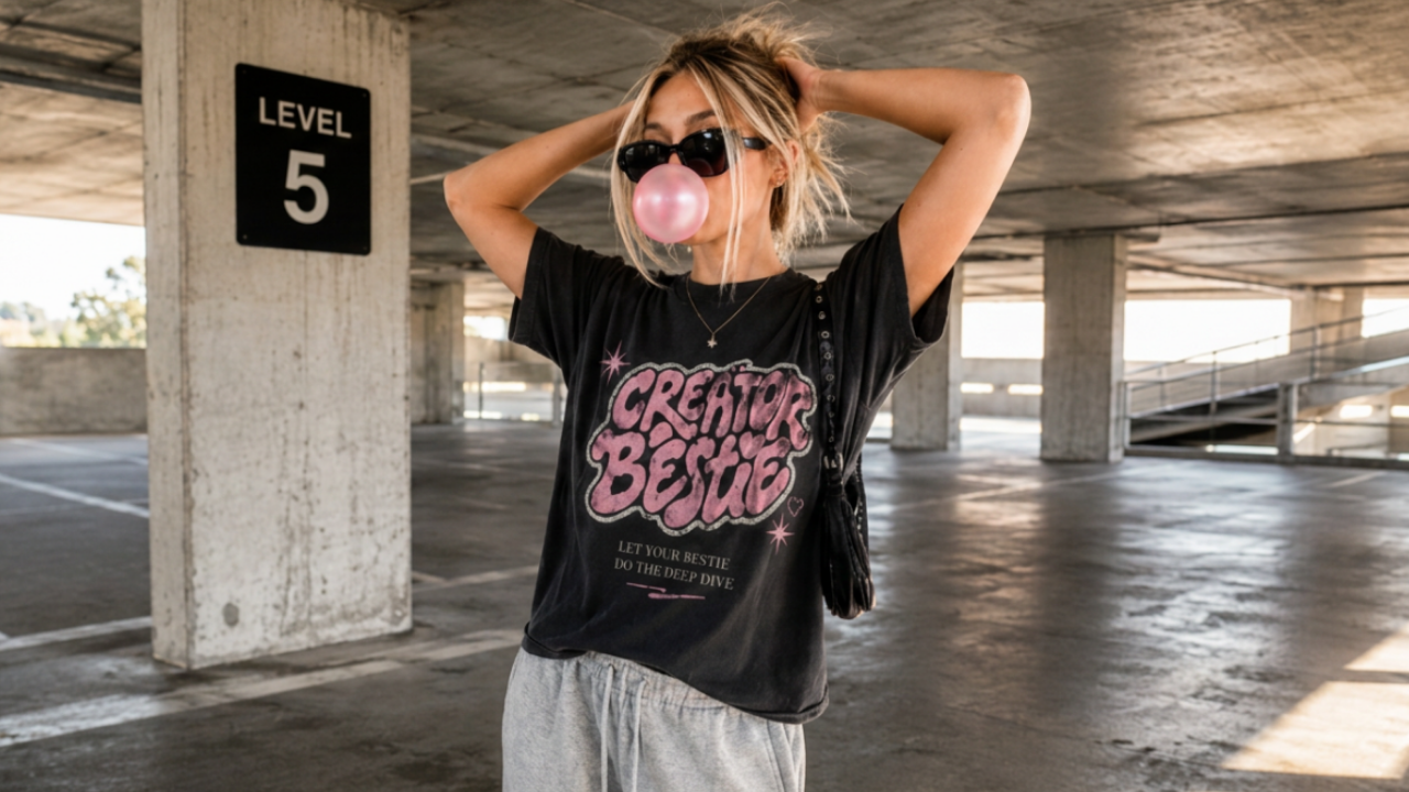 Creator Bestie campaign image, woman in branded tee blowing a bubble in a parking garage
