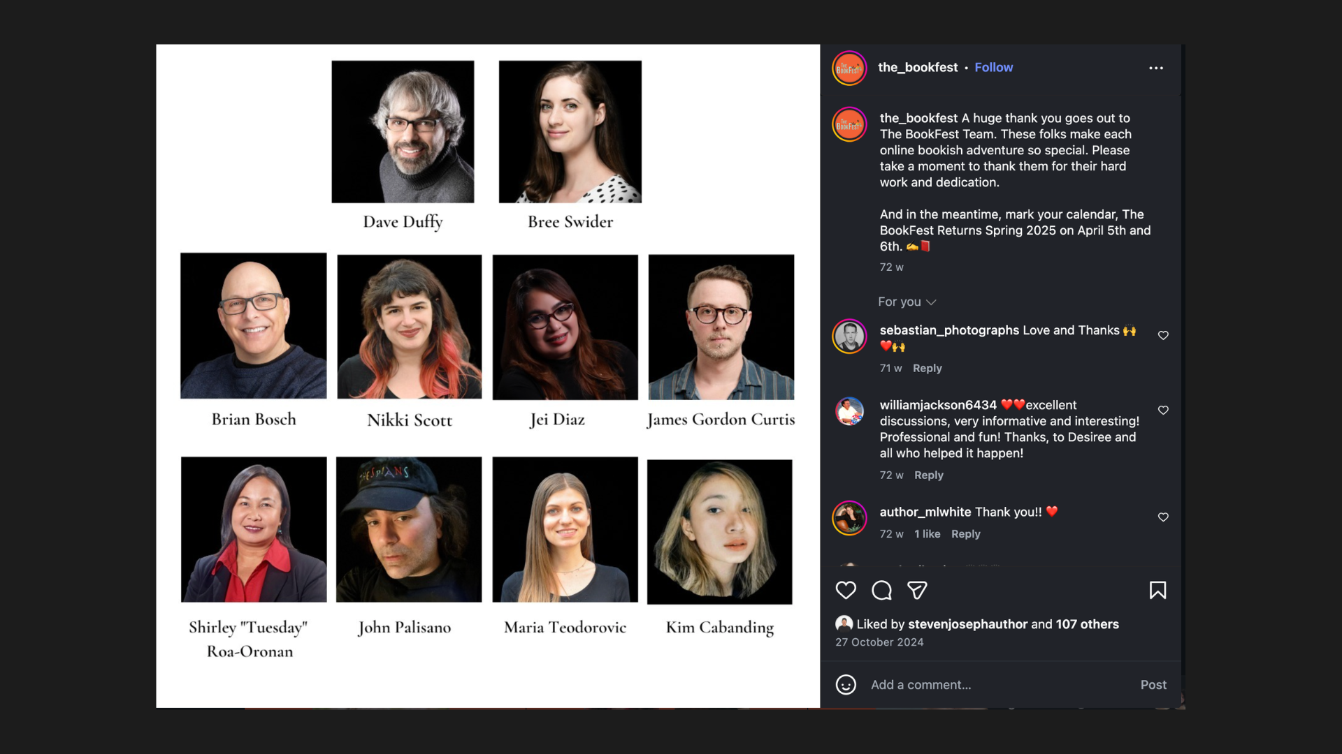 The BookFest Instagram team post naming Nikki Scott