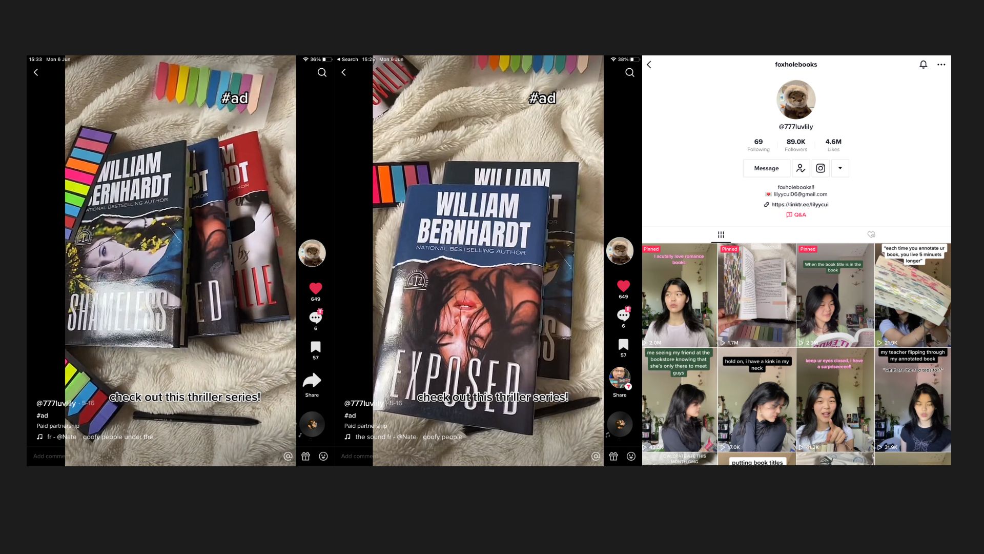 @777luvlily TikTok paid partnership for William Bernhardt thriller series