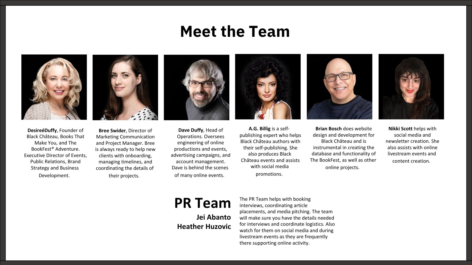 Black Chateau pitch deck team page crediting Nikki Scott