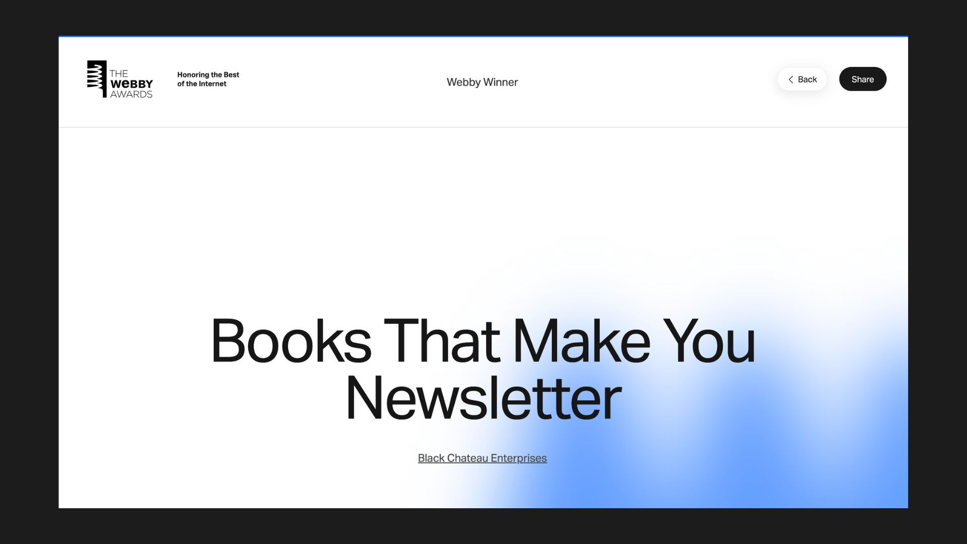 Webby Award winner page for Books That Make You Newsletter
