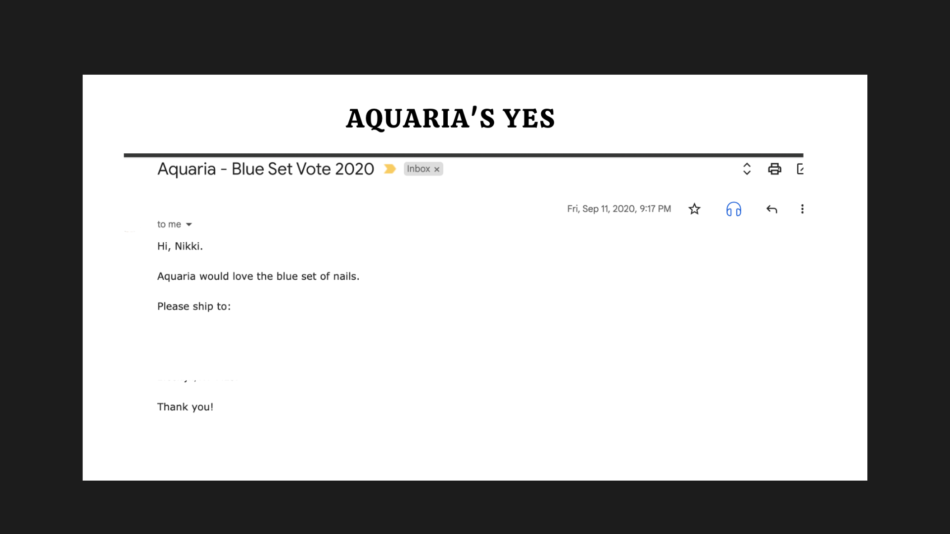 Email from Aquaria's team approving the blue Vote 2020 set