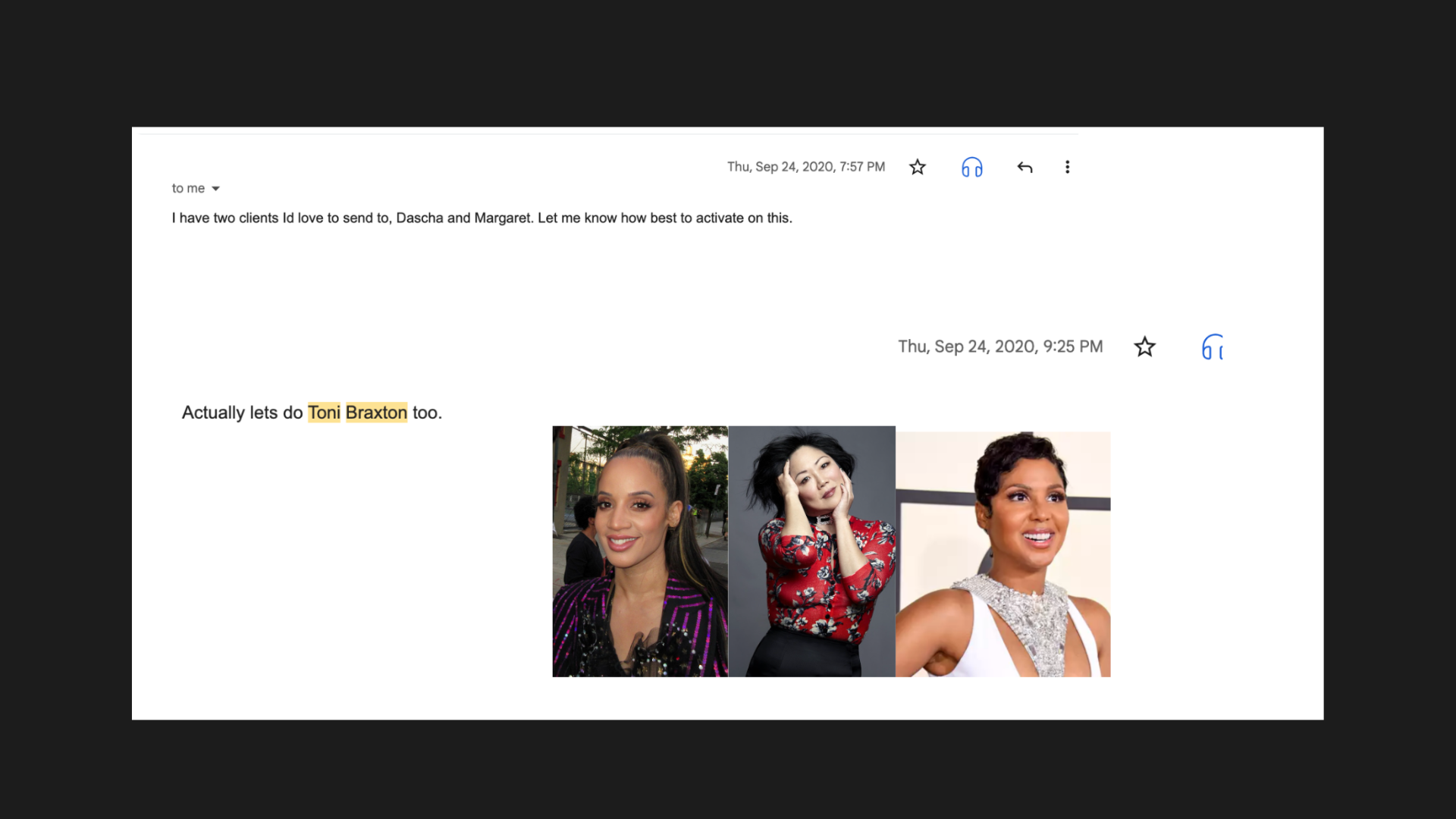 Outreach thread mentioning Toni Braxton, Dascha Polanco, and Margaret Cho